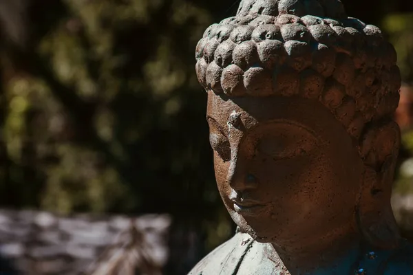 Eine Nahaufnahme Der Buddha Statue Auf Verschwommenem Hintergrund — Stockfoto