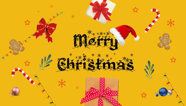 Rendering Christmas Postcard Concept Wishes Decorations Yellow Background — Stock Photo, Image