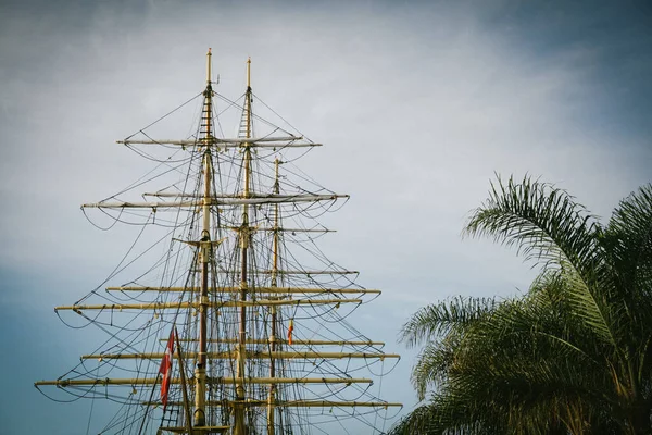 Der Mast Eines Schiffes Und Palmen Vor Dem Blauen Wolkenverhangenen — Stockfoto