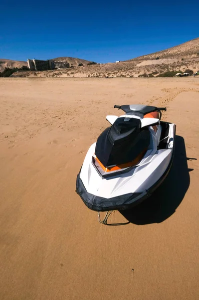 Vertical Shot Jet Ski Sandy Beach Playa Barca Fuerteventura — Stockfoto