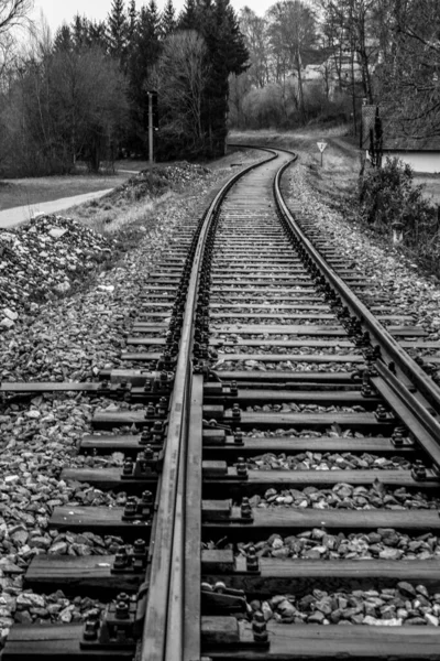 Vertical Shot Tracks Disused Railway Line Grayscale — Stockfoto