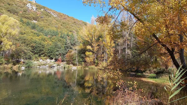 湖とカラフルな木々の美しい秋の景色 — ストック写真