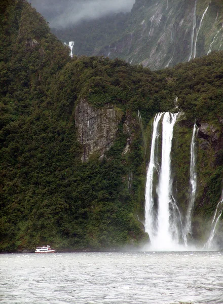 Milford Sound Fiordland Nuova Zelanda Scogliere Fiorentine Sorgono Verticalmente Dalle — Foto Stock