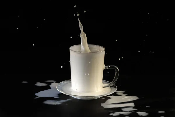 Closeup Shot Milk Splashes Out Glass Goblet Black Background — Stock Photo, Image