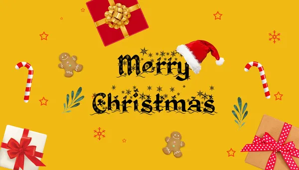 Rendering Christmas Postcard Concept Decorations Wishes Yellow Background — Stock Photo, Image