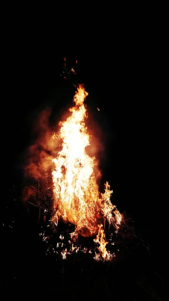 夜になると炎のついたたき火の垂直ショット — ストック写真