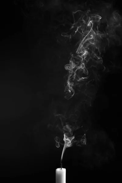 Vertical Shot Smoke Extinguished Candle Isolated Black Background — Photo