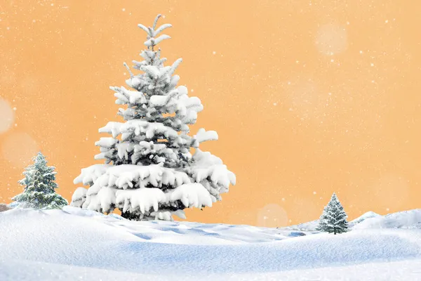 Karácsonyi Képeslap Koncepció Grafikája Havas Lucfenyővel Fénymásoló Felülettel Narancssárga Alapon — Stock Fotó