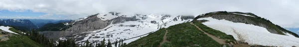 Panoramabild Snötäckta Bergstoppar Mount Rainier National Park — Stockfoto