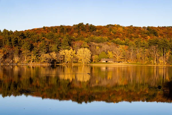 Beautiful Reflection Fall Colors Lake Dalles Interstate Park Wisconsin — стоковое фото