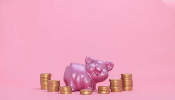 Piggy Bank Coins Pink Background Concept Money Invest Stock Financial — Stock Photo, Image