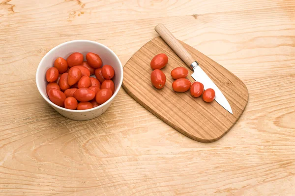 Bowl Full Datterini Tomatoes Chopping Board Knife Wooden Surface Text — Stock Photo, Image