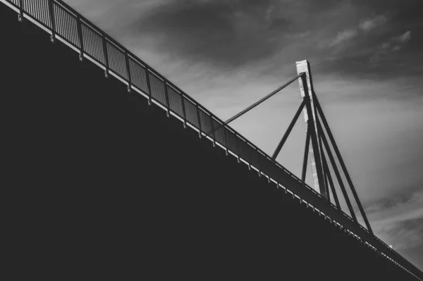 Низкий Угол Красивой Серой Шкалы Подвесной Мост Облачным Небом Дневное — стоковое фото