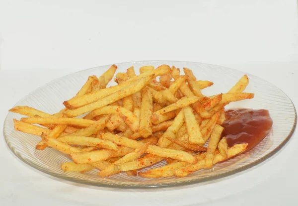 Servering Pommes Frites Med Ketchup Sidan Platta Isolerad Vit Bakgrund — Stockfoto