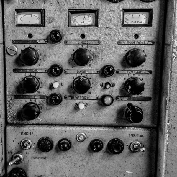 Grayscale Shot Old Analog Television Control Room Panel — Stock Photo, Image