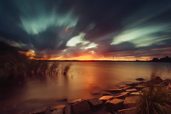 Uma Vista Panorâmica Pôr Sol Brilhante Lagoa Curoniana Lituânia — Fotografia de Stock