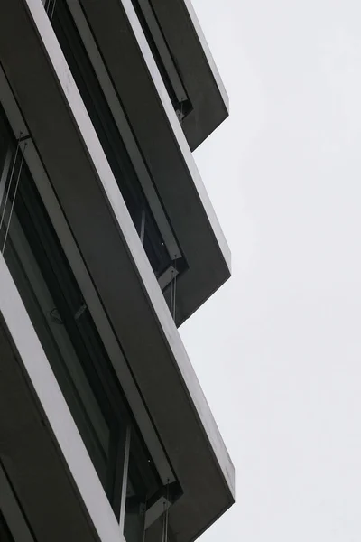 Grayscale Záběr Vnější Design Velké Městské Budovy Pod Jasnou Oblohou — Stock fotografie