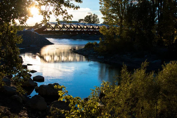阳光下宁静的河流下的桥景致 — 图库照片
