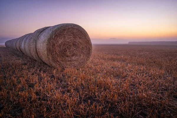 Beautiful Shot Straw Bales Field Sunrise — Stock Photo, Image