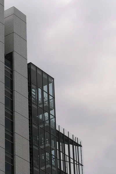 Widok Skali Szarości Boku Wysokiego Nowoczesnego Budynku Oknami Przeciw Jasnemu — Zdjęcie stockowe