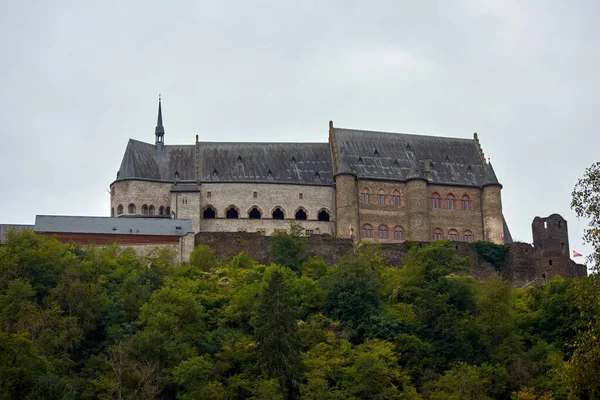 Eine Landschaft Des Schlosses Vianden Luxemburg Einem Düsteren Morgen — Stockfoto