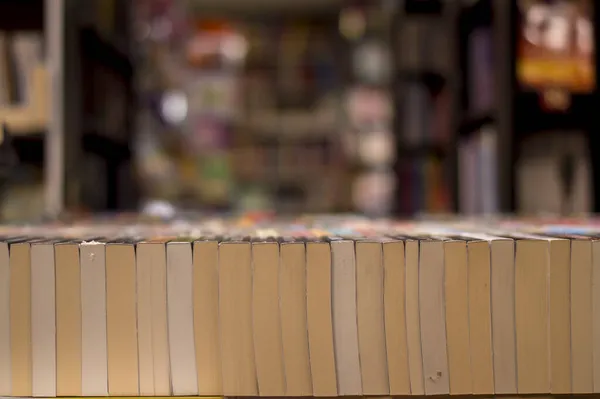 Closeup Books Well Organized Shelves Bookstore — Stock Photo, Image