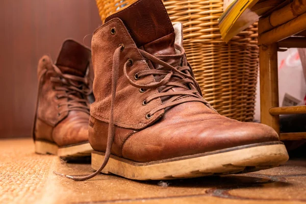 Closeup Brown Leather Boots — Stok fotoğraf