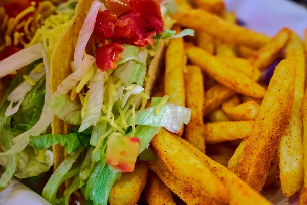 Box Set Tasty Taco Nachos Served Retail Background Taco Restaurant —  Fotos de Stock