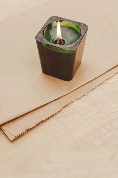 Scented Candle Green Glass Burning Rustic Wooden Tabletop Copy Space — 스톡 사진