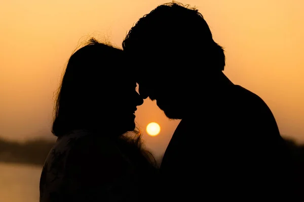 Silhouette Shot Cute Romantic Couple Sunset — Fotografia de Stock
