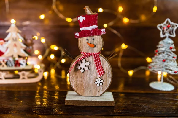 Selective Focus Shot Wooden Snowman Christmas Decor — стоковое фото