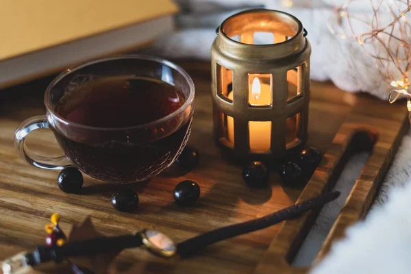 Closeup Shot Glass Tea Small Decoration Candle Wooden Surface — Stockfoto