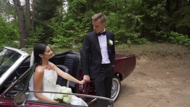 Footage Beautiful Bride Groom Car — 비디오