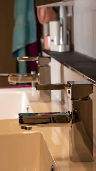 Bathroom Interior Two Chrome Faucets White Sink — Stock Fotó