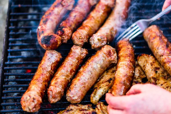 Closeup Shot Sausages Grilling Bbq — Stockfoto