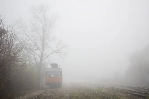 Yoğun Sisli Soğuk Iklimde Turuncu Bir Tren Vagonunun Güzel Manzarası — Stok fotoğraf