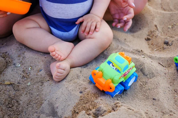 Little Child Playing Sand Toys Beach — Stock Fotó