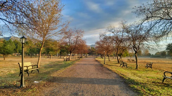 Jogging Track Park Beautiful Sky Cold Winter Evening — Fotografia de Stock