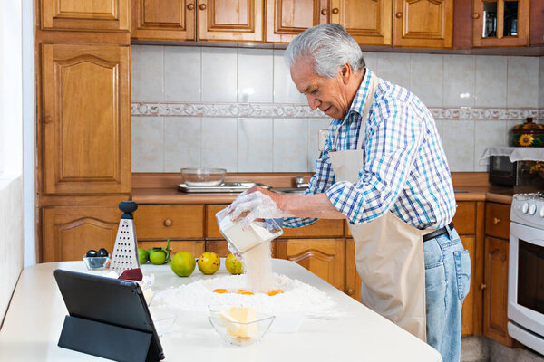 Elderly Man Stirring Sugar Table Many Other Ingredients Make Dough Stock Image