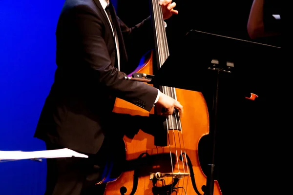 Ein Mann Spielt Auf Einem Klassischen Konzert Einen Hölzernen Kontrabass — Stockfoto