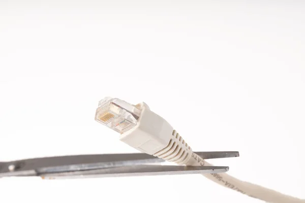 Closeup Shot Scissors Cutting Internet Connection Internet Concept — стоковое фото