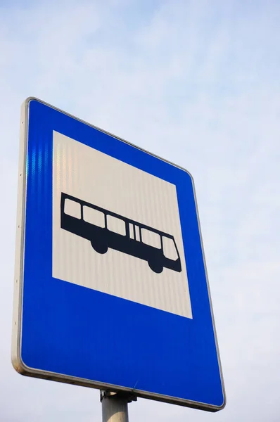 Vertical Low Angle Blue Bus Stop Sign — Stock Fotó