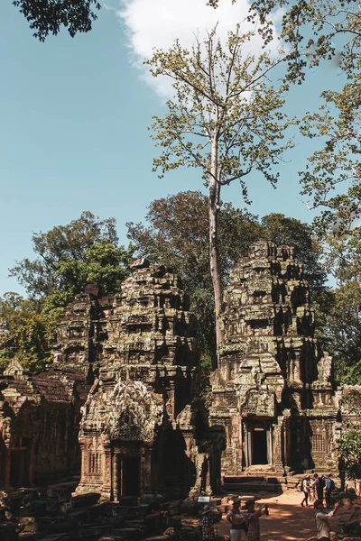 Vertical Shot Tourists Exploring Ancient Buddhist Temples Angkor Wat Sunny — Stockfoto