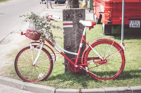 Gaski Poland Oct 2016 Red Painted Old Bicycle Plant Locked — Stock Photo, Image