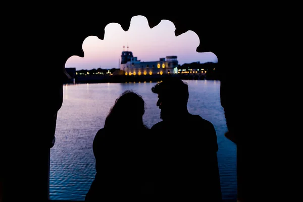 Cute Romantic Couple Observing Beautiful View Sri Harmandir Sahib Gurdwara — Stockfoto