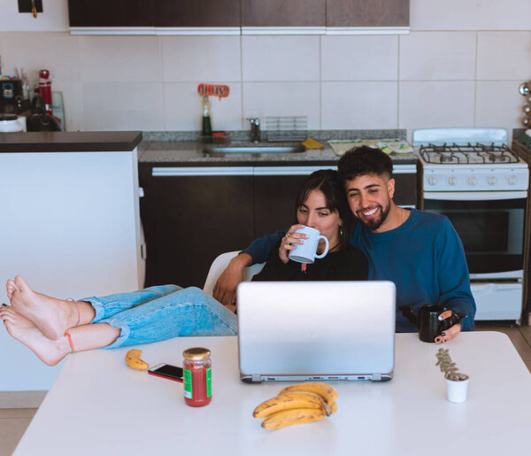 Beautiful Shot Hispanic Couple Sitting Drinking Coffee Together Kitchen Argentina Stock Photo