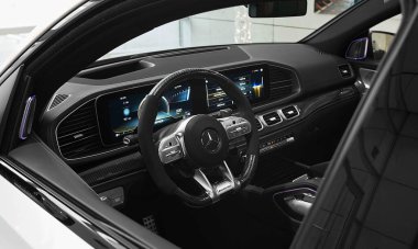 STUTTGART, GERMANY - Oct 16, 2021: A closeup shot of luxury Mercedes AMG GLE Class 63 S Coupe interior clipart