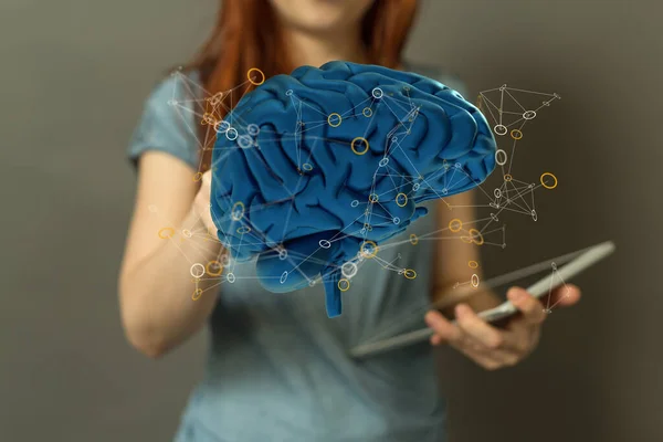 Vykreslení Lidského Mozku Holografickém Digitálním Stylu Který Tuto Myšlenku Přenáší — Stock fotografie