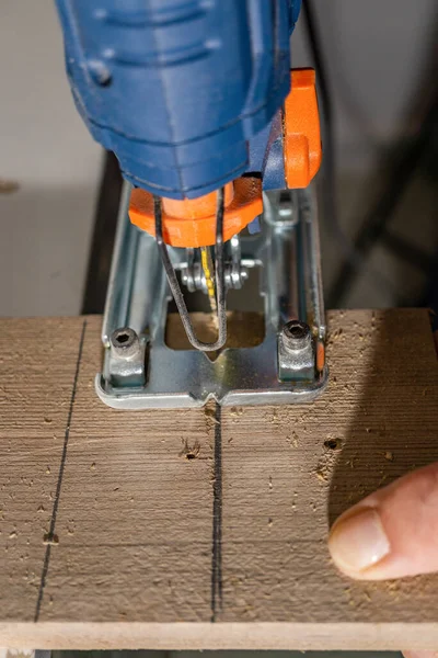 Close Jigsaw Cutting Wood — Stock Photo, Image