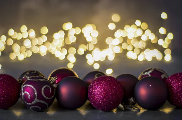 Beautiful Purple Christmas Tree Balls Bright Background Glowing Bokeh Lights — Foto Stock